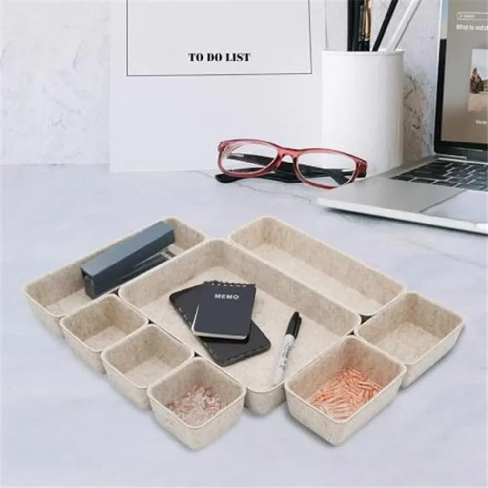 Desk Drawer Organizer Tray Set Beige Felt Office Storage 8 Piece Oatmeal